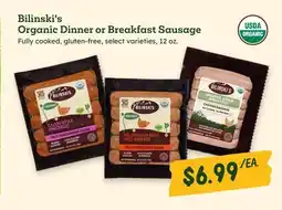 Sprouts Farmers Market Bilinski's Organic Dinner or Breakfast Sausage offer