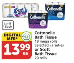 Vons Cottonelle Bath Tissue 18 mega rolls Selected varieties or Scott Bath Tissue 20 rolls offer