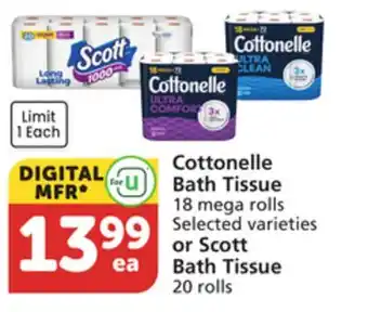 Vons Cottonelle Bath Tissue 18 mega rolls Selected varieties or Scott Bath Tissue 20 rolls offer