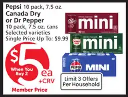 Albertsons Pepsi 10 pack, 7.5 oz. Canada Dry or Dr Pepper 10 pack, 7.5 oz. cans offer