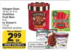 Albertsons Haagen-Dazs, 14 oz. or 3 ct., Outshine Fruit Bars, 6 ct. or Dreyer's, 1.5 qt offer