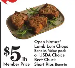 Pavilions Open Nature Lamb Loin Chops Bone-in, Value pack or USDA Choice Beef Chuck Short Ribs Bone-in offer