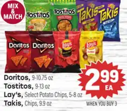 Tony’s Fresh Market Doritos, 9-10.75 oz Tostitos, 9-13 oz Lay's, Select Potato Chips, 5-8oz Takis, Chips, 9.9 oz offer