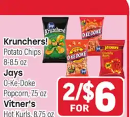 Tony’s Fresh Market Krunchers! Potato Chips 8-8.5oz Jays O-Ke-Doke Popcorn, 7.5 oz Vitner's Hot Kurls, 8.75 oz offer