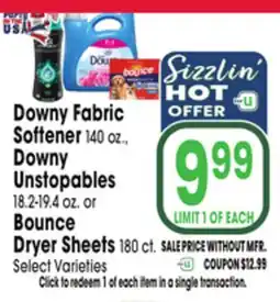 Jewel-Osco Downy Fabric Softener 140 oz., Downy Unstopables 18.2-19.4 oz. or Bounce Dryer Sheets 180 ct offer