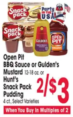 Jewel-Osco Open Pit BBQ Sauce or Gulden's Mustard Hunt's Snack Pack Pudding offer
