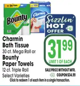 Jewel-Osco Charmin Bath Tissue 30 ct. Mega Roll or Bounty Paper Towels 12 ct. Triple Roll offer