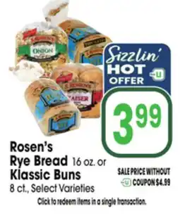 Jewel-Osco Rosen's Rye Bread 16 oz. or Klassic Buns 8 ct offer