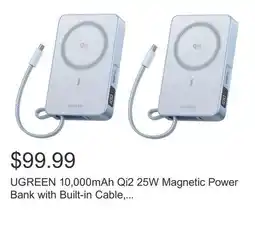 Costco UGREEN 10,000mAh Qi2 25W Magnetic Power Bank with Built-in Cable, 2-pack offer