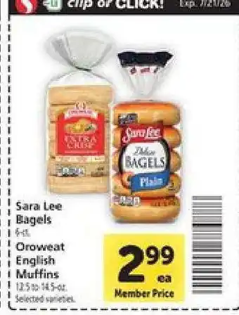 Safeway Sara Lee Bagels or Oroweat English Muffins offer