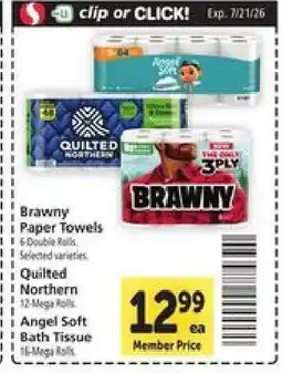Safeway Brawny Paper Towels, Quilted Northern, Angel Soft Bath Tissue offer