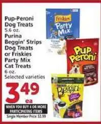 Albertsons Pup-Peroni Dog Treats, Purina Beggin' Strips Dog Treats, Friskies Party Mix Cat Treats offer