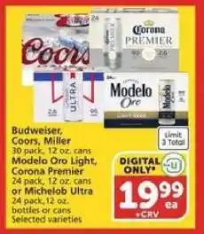 Albertsons Budweiser, Coors, Miller, Modelo Oro Light, Corona Premier, Michelob Ultra offer
