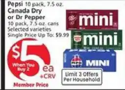 Albertsons Pepsi, Canada Dry, or Dr Pepper 10 pack, 7.5 oz offer