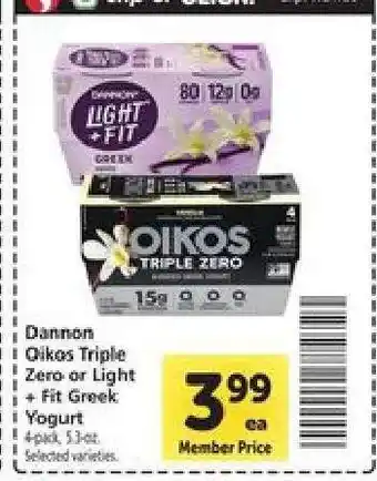 Safeway Dannon Oikos Triple Zero or Light + Fit Greek Yogurt offer