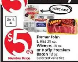 Albertsons Farmer John Links, Wieners or Hoffy Premium Bacon offer