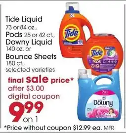 Giant Eagle Tide Liquid, Pods, Downy Liquid or Bounce Sheets offer