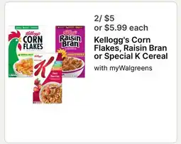 Walgreens Kellogg's Corn Flakes, Raisin Bran or Special K Cereal offer