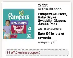 Walgreens Pampers Cruisers, Baby Dry or Swaddler Diapers Jumbo Pack offer