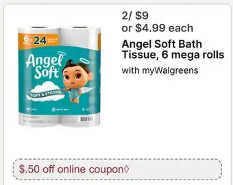 Walgreens Angel Soft Bath Tissue, 6 mega rolls offer