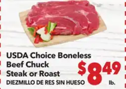 Vallarta Supermarkets USDA Choice Boneless Beef Chuck Steak or Roast / DIEZMILLO DE RES SIN HUESO offer