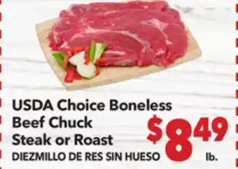 Vallarta Supermarkets USDA Choice Boneless Beef Chuck Steak or Roast / DIEZMILLO DE RES SIN HUESO offer