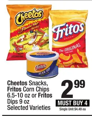 Super King Markets Cheetos Snacks, Fritos Corn Chips 6.5-10 oz or Fritos Dips 9 oz offer
