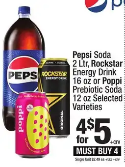 Super King Markets Pepsi Soda 2 Ltr, Rockstar Energy Drink 16 oz or Poppi Prebiotic Soda 12 oz offer