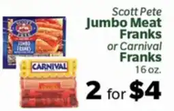 Living Fresh Market Scott Pete Jumbo Meat Franks or Carnival Franks offer