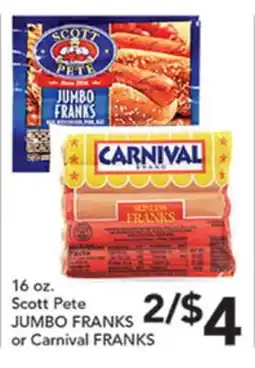 Pete's Fresh Market 16 oz. Scott Pete JUMBO FRANKS or Carnival FRANKS offer
