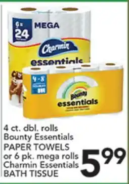 Pete's Fresh Market Bounty Essentials PAPER TOWELS or 6 pk. mega rolls Charmin Essentials BATH TISSUE offer