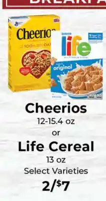 Sunset Foods Cheerios 12-15.4 oz or Life Cereal 13 oz offer