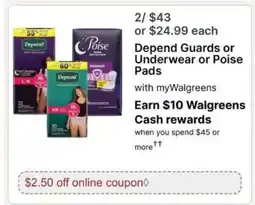 Walgreens Depend Guards or Underwear or Poise Pads offer