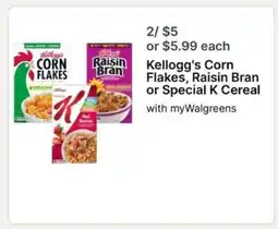 Walgreens Kellogg's Corn Flakes, Raisin Bran or Special K Cereal offer