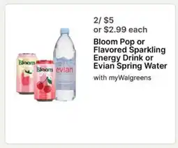 Walgreens Bloom Pop or Flavored Sparkling Energy Drink or Evian Spring Water offer