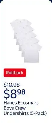 Walmart Hanes Boy' Ecosmart White Crew Undershirt Value Pack, 5-pack sizes S-XXL offer