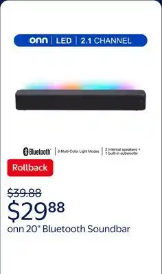 Walmart onn 20 Inch Bluetooth 2.1 Channel Soundbar with Multi-Color LED Lighting, Black offer