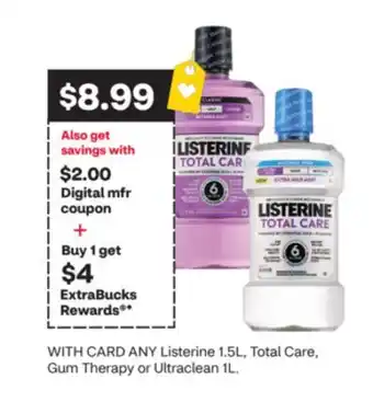 CVS ANY Listerine 1.5L, Total Care, Gum Therapy or Ultraclean 1L offer