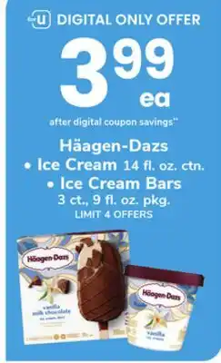 ACME Häagen-Dazs Ice Cream 14 fl. oz. ctn., Ice Cream Bars 3 ct., 9 fl. oz. pkg offer