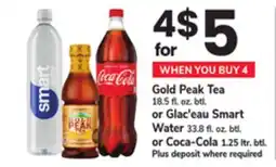 ACME Gold Peak Tea 18.5 fl. oz. btl. or Glac'eau Smart Water 33.8 fl. oz. btl. or Coca-Cola 1.25 ltr. btl offer