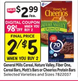Stop&Shop General Mills Cereal, Nature Valley, Fiber One, Cereal Bars, Mott's Bars or Cheerios Protein Bars offer