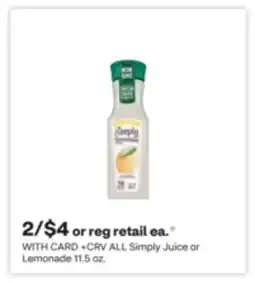CVS Simply Juice or Lemonade 11.5 oz offer
