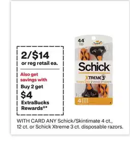 CVS ANY Schick Skintimate 4 ct., 12 ct. or Schick Xtreme 3 ct. disposable razors offer
