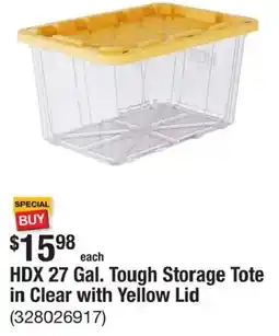 The Home Depot Hdx 27 gal. tough storage tote in clear with yellow lid offer