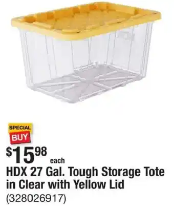 The Home Depot Hdx 27 gal. tough storage tote in clear with yellow lid offer