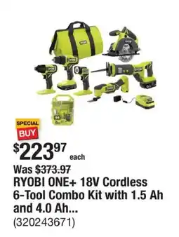 The Home Depot RYOBI ONE+ 18V Cordless 6-Tool Combo Kit with 1.5 Ah and 4.0 Ah offer