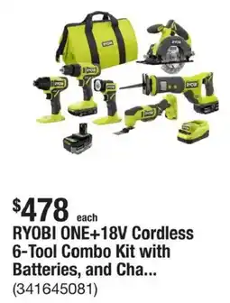 The Home Depot Ryobi one+18v cordless 6-tool combo kit with batteries, and cha offer