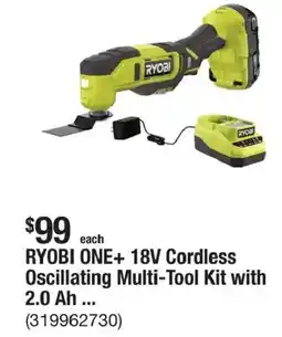 The Home Depot RYOBI ONE+ 18V Cordless Oscillating Multi-Tool Kit with 2.0 Ah offer