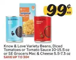 Winn Dixie Know & Love Variety Beans, Diced Tomatoes or Tomato Sauce or SE Grocers Mac & Cheese offer
