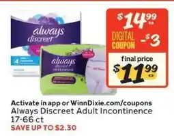 Winn Dixie Always Discreet Adult Incontinence offer